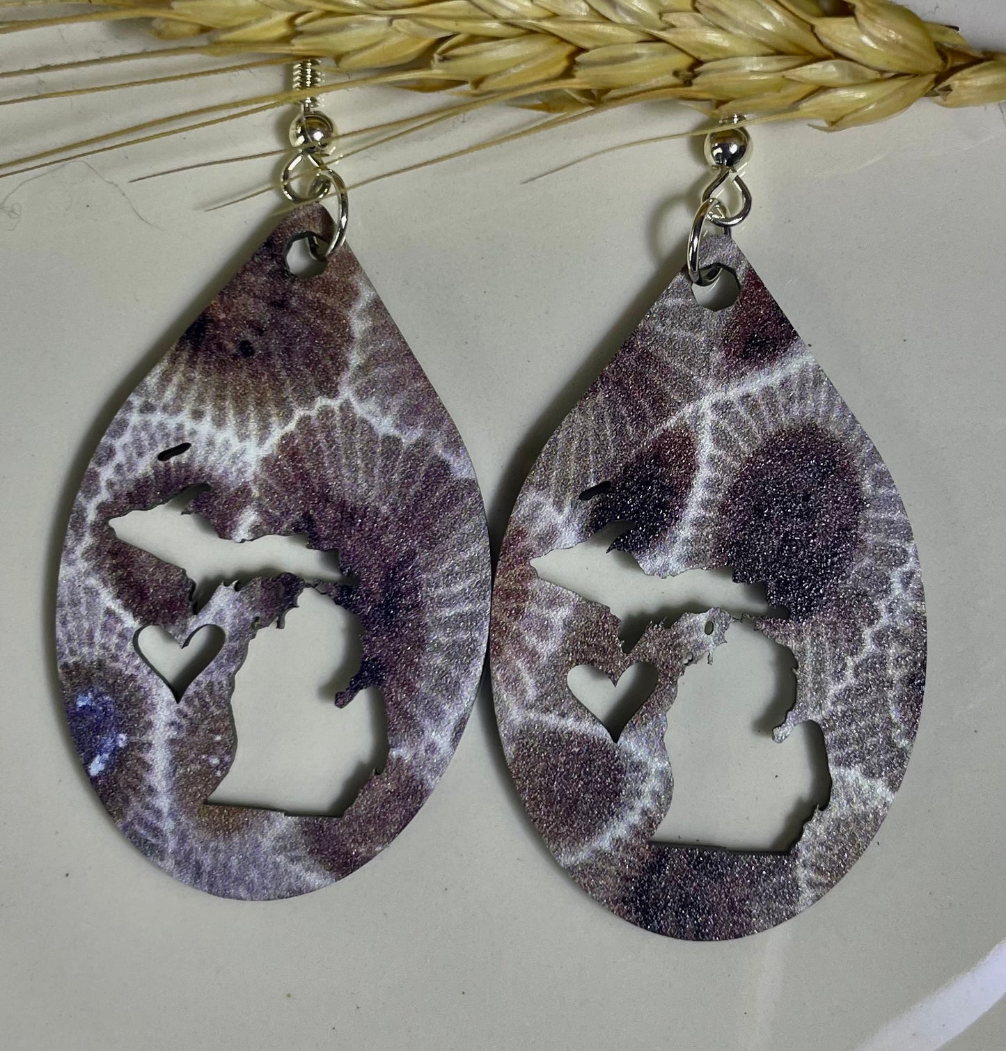 Custom Michigan Peninsula Earrings with Sunset and Petoskey Designs