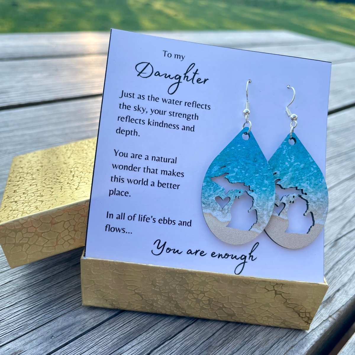 Handcrafted Michigan Lakes drop earrings with 'You Are Enough' message card
