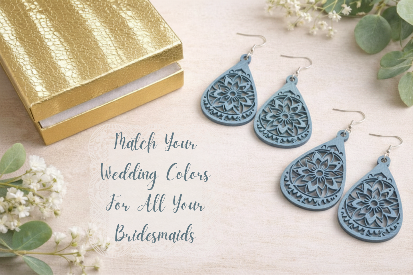 Custom Color Bridesmaid Earrings, Rustic Wedding Jewelry, Lightweight Wooden Mandala Earrings, Boho Bridal Party Gift