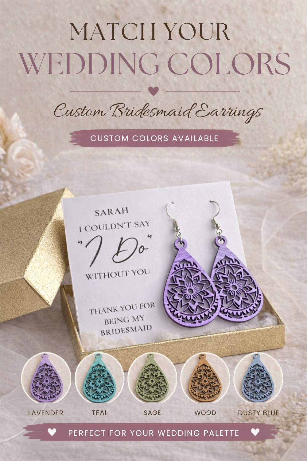 Custom Color Bridesmaid Earrings, Rustic Wedding Jewelry, Lightweight Wooden Mandala Earrings, Boho Bridal Party Gift