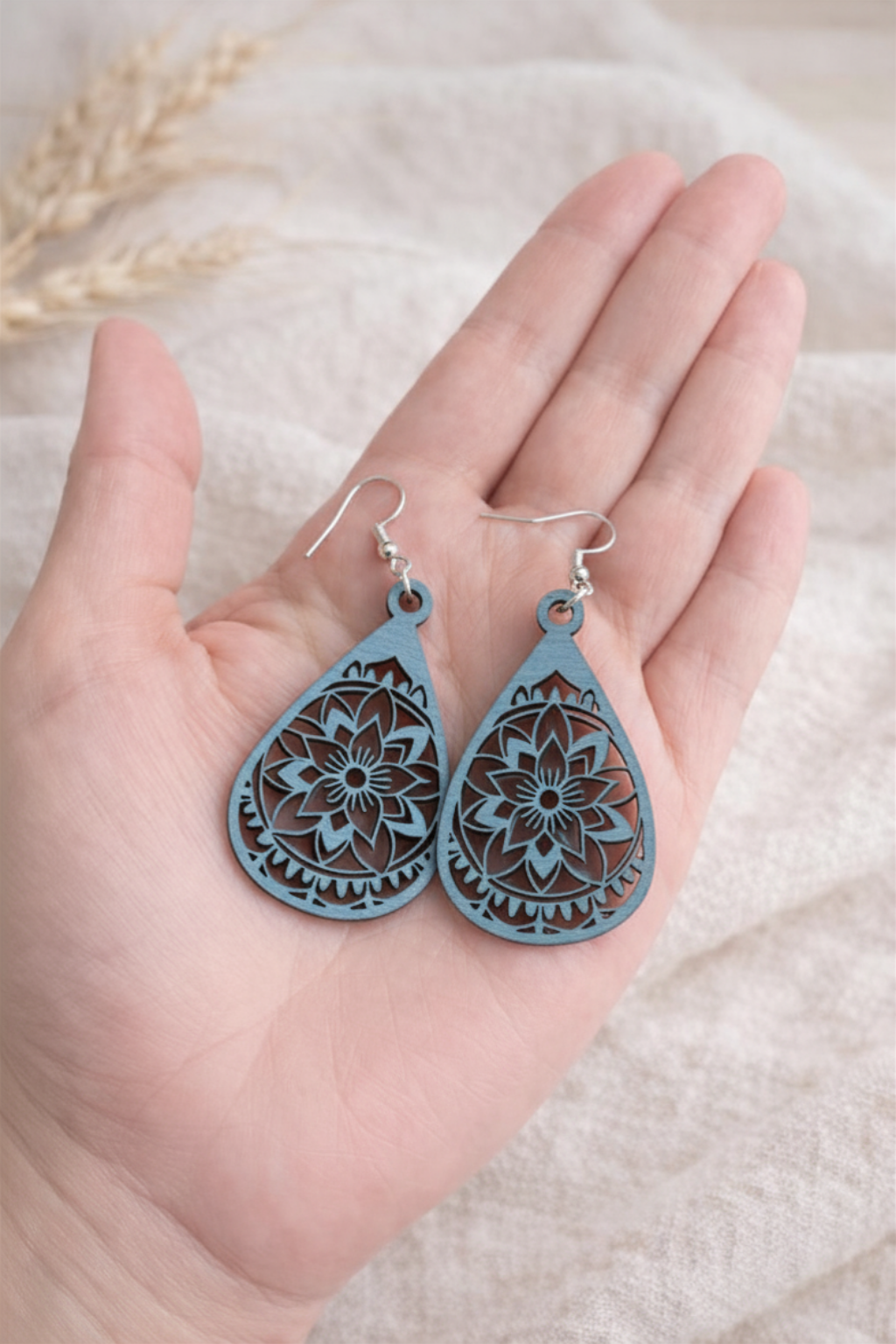 Custom Color Bridesmaid Earrings, Rustic Wedding Jewelry, Lightweight Wooden Mandala Earrings, Boho Bridal Party Gift
