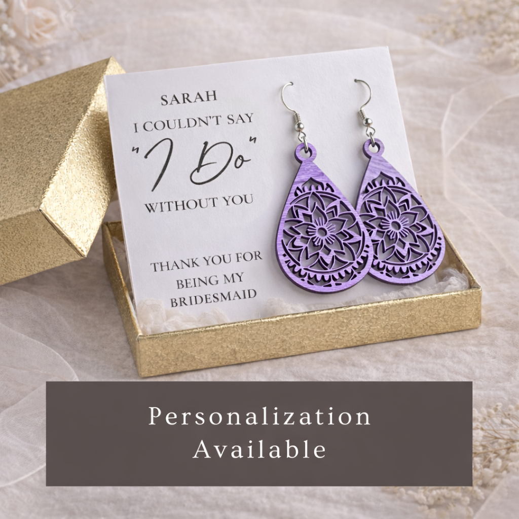 Custom Color Bridesmaid Earrings, Rustic Wedding Jewelry, Lightweight Wooden Mandala Earrings, Boho Bridal Party Gift