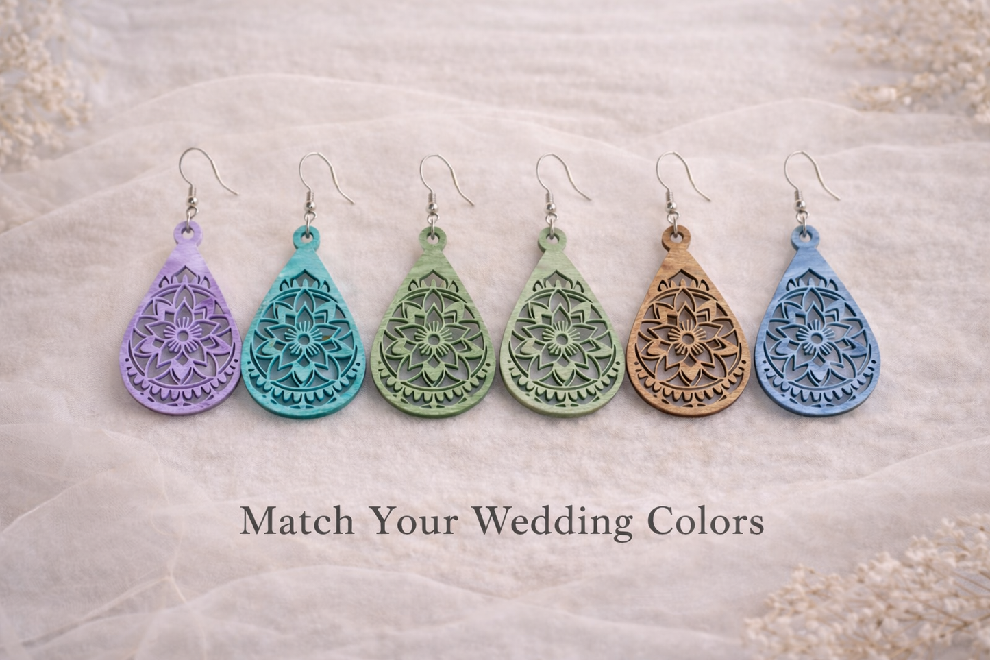 Custom Color Bridesmaid Earrings, Rustic Wedding Jewelry, Lightweight Wooden Mandala Earrings, Boho Bridal Party Gift
