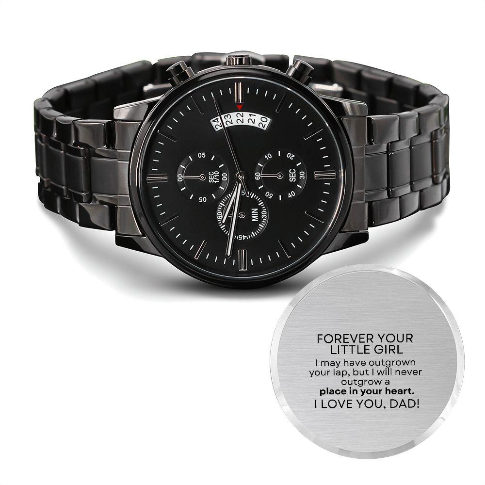 FOREVER YOUR LITTLE GIRL | ENGRAVED BLACK CHRONOGRAPH WATCH